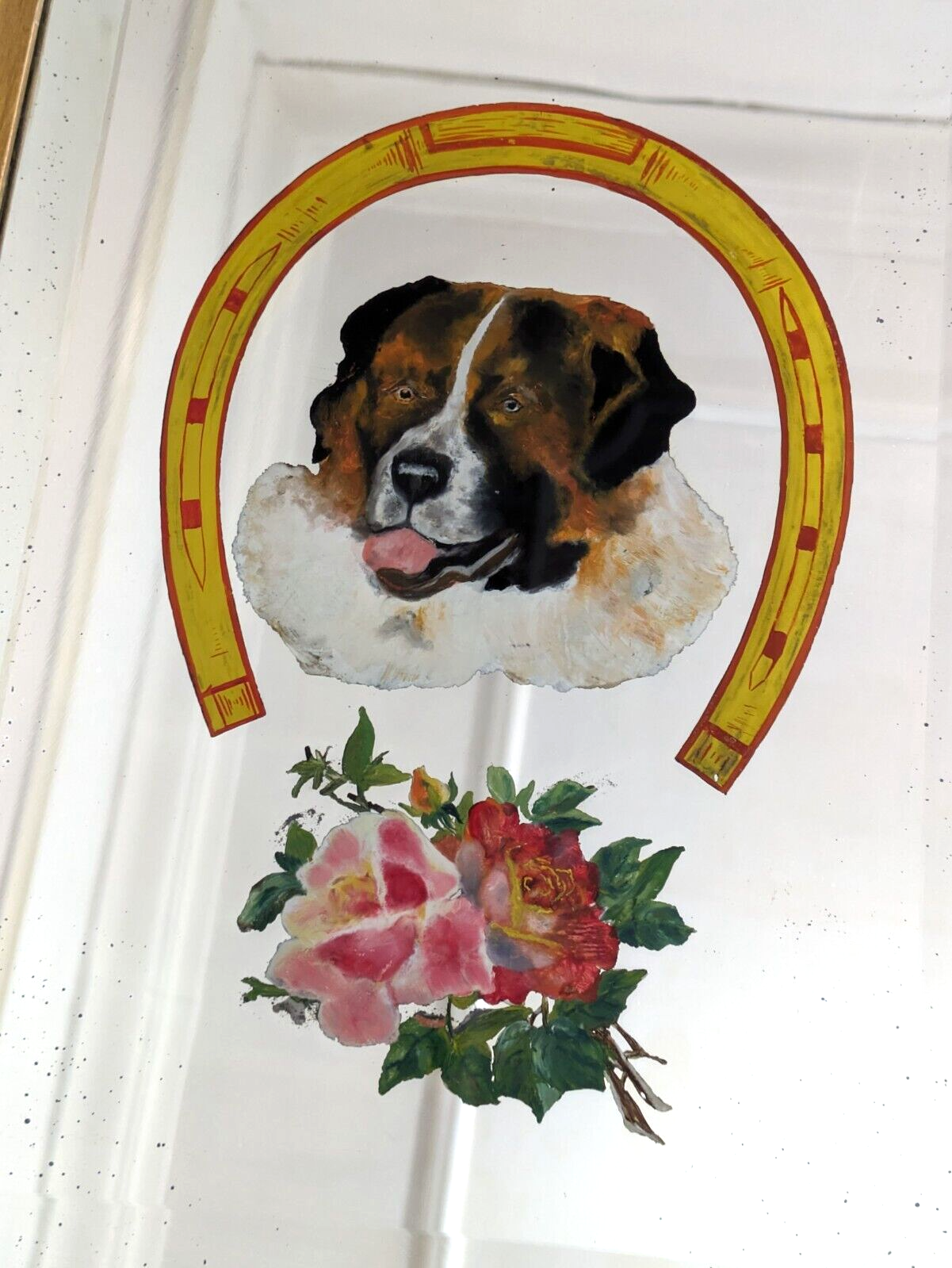 Victorian 19th Century St Bernard Dog Reverse Painted Bevel Edge Oak Wood Mirror