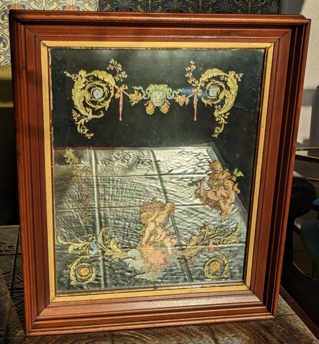 Rare 19th Century French Rococo Reverse Decoupage Mirror Cherub Faun Antique