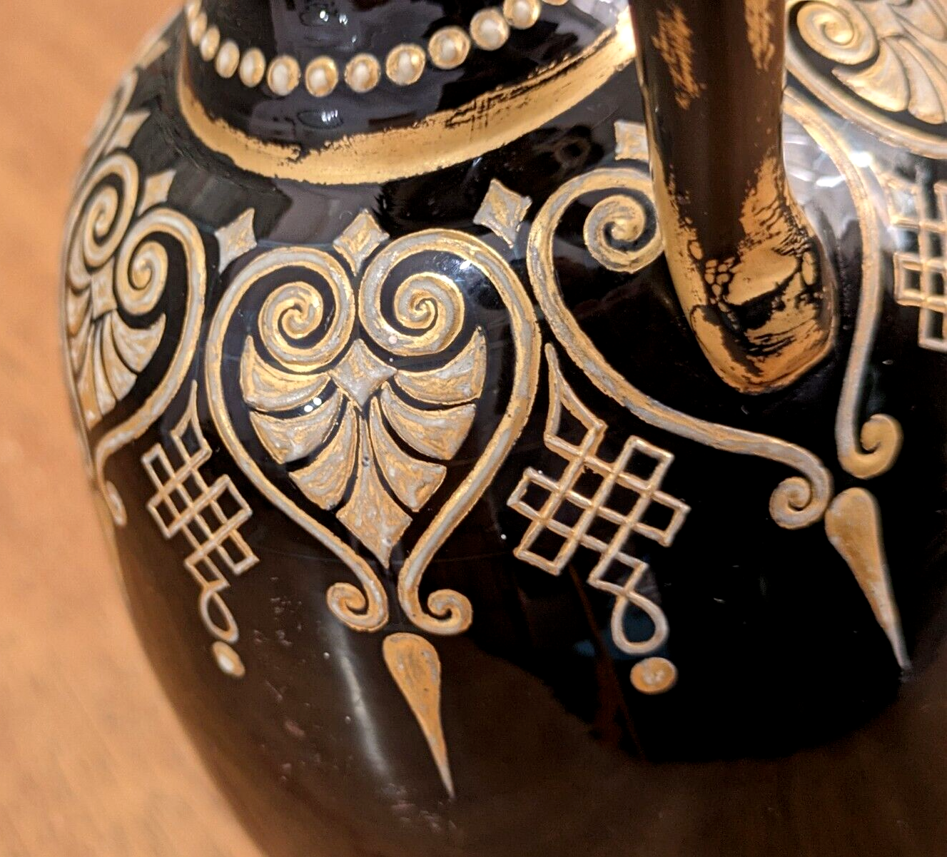 19th Century Black Bohemian Czech Art Glass Gold Gilt Enamel Jug Vase Antique