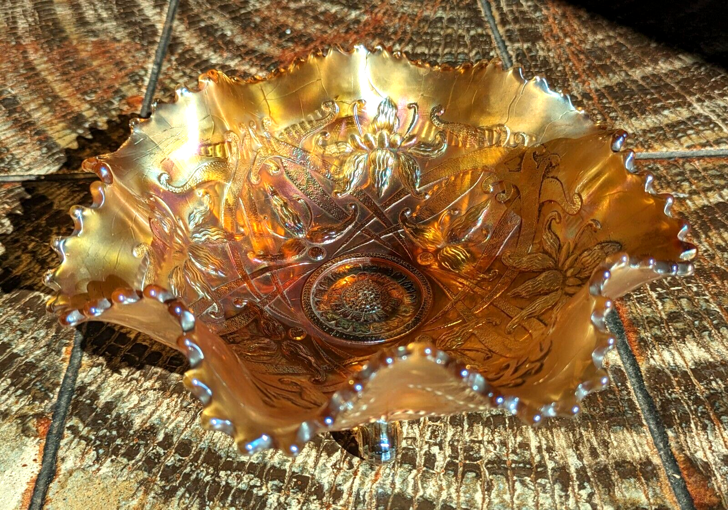 Rare Northwood USA Wishbone Orchid Ruffled Marigold Carnival Glass Bowl Antique