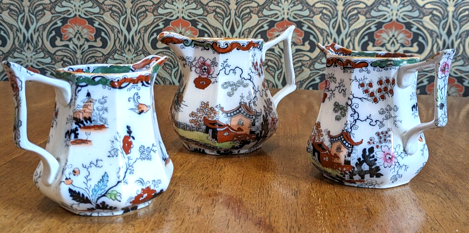 19th Century Chinoiserie Graduated Trio Masons Ironstone Pitcher Jugs Antique