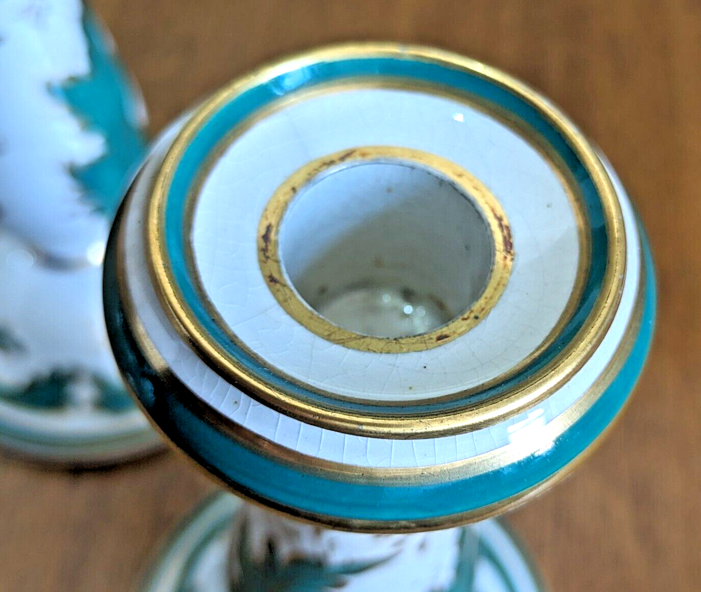 Mid 19th Century Victorian Green White Ceramic Candlestick Holders / Oil Lamps