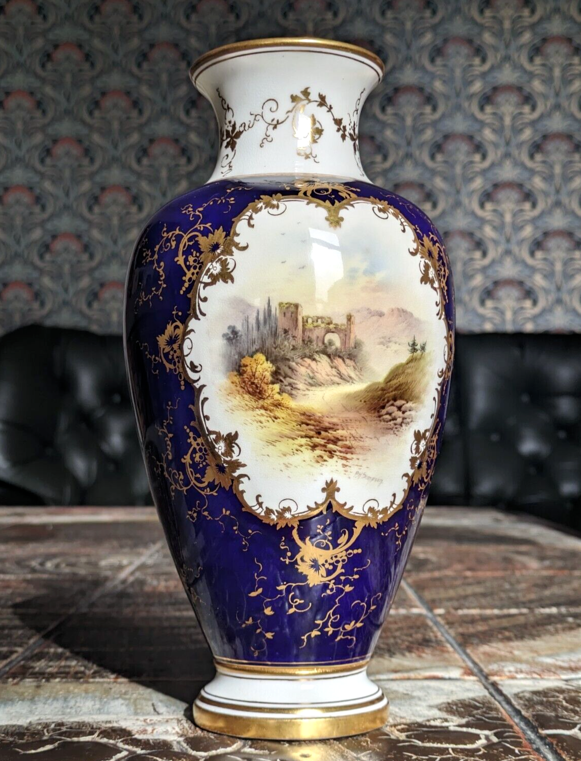 19th 20th Century Coalport England Cobalt Ceramic Porcelain Ruins Landscape Vase