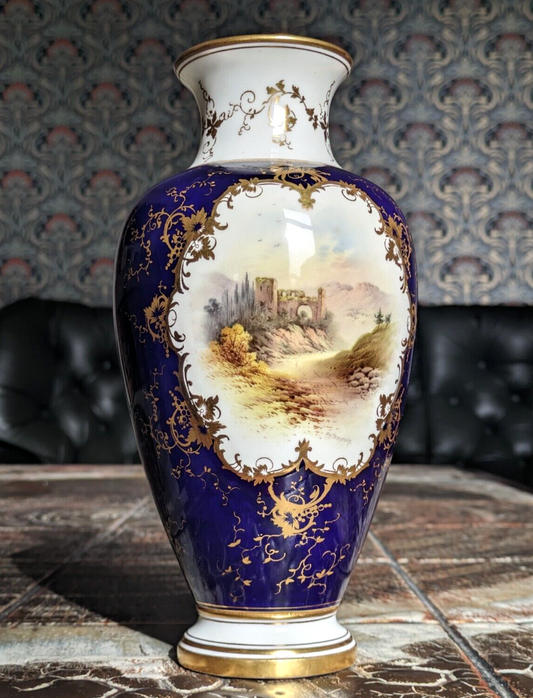 19th 20th Century Coalport England Cobalt Ceramic Porcelain Ruins Landscape Vase