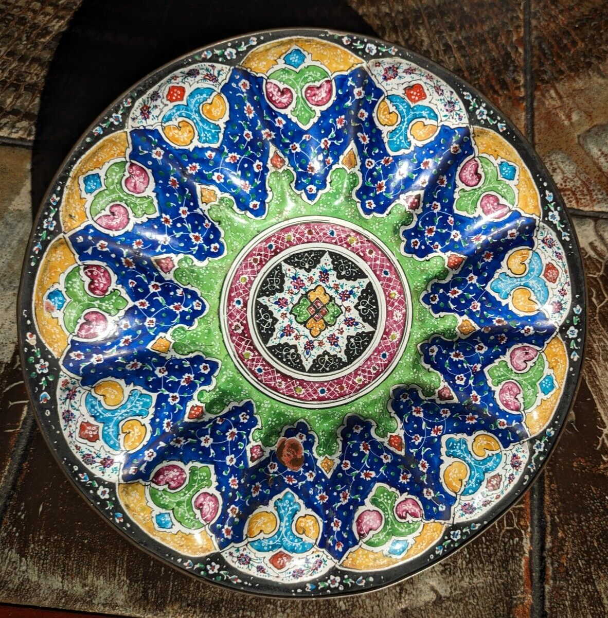 Persian 1900s Minakari Enamel on Copper Qajar Dynasty Antique Plate Dish