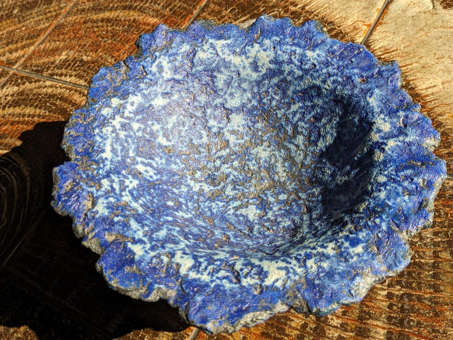 Superb Volcanic Textured Studio Art Pottery Signed Blue Bowl Vintage Lava Glaze