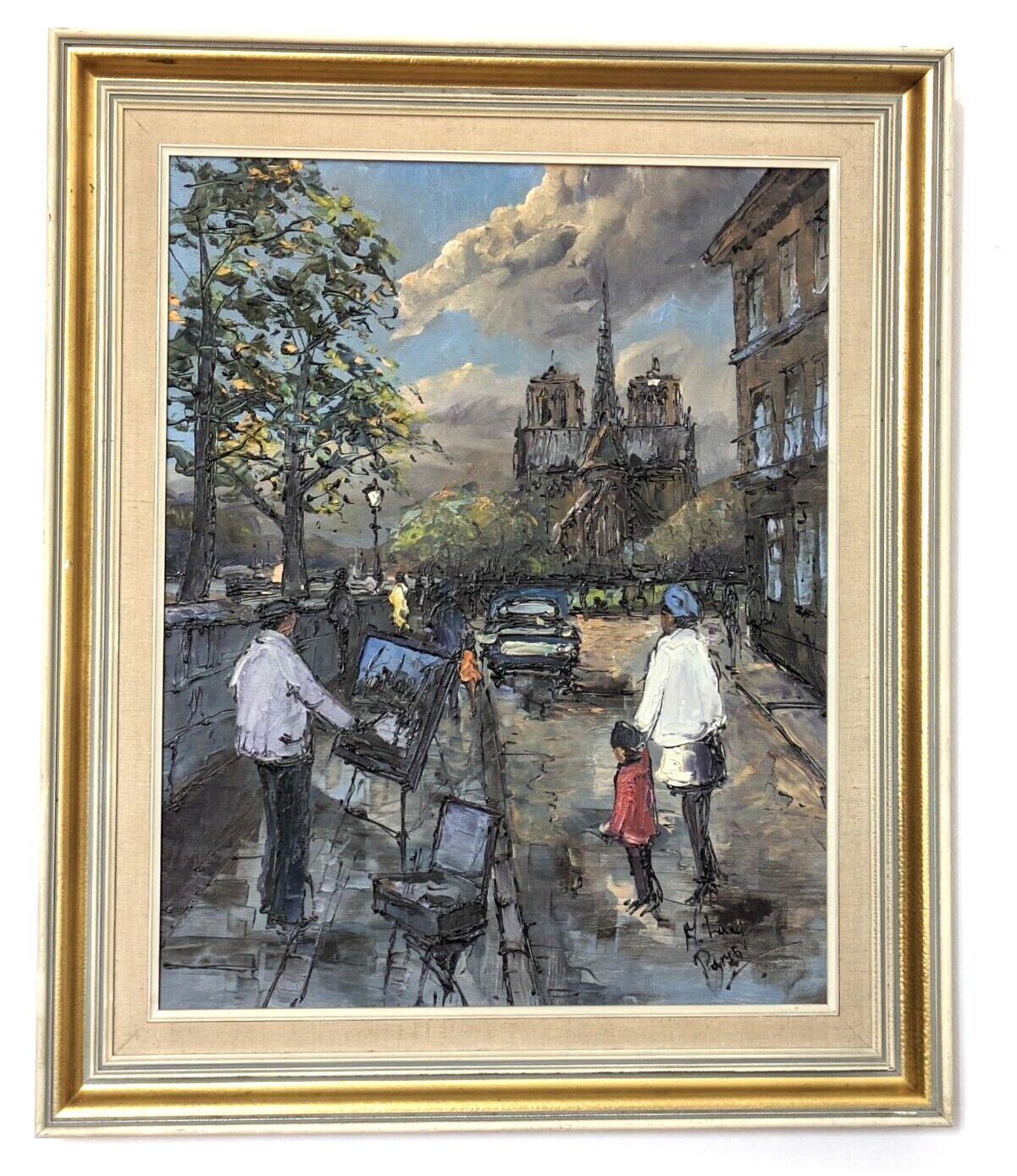 French Vintage 20th Century Paris Cityscape Oil Painting Art Notre Dame H Lang