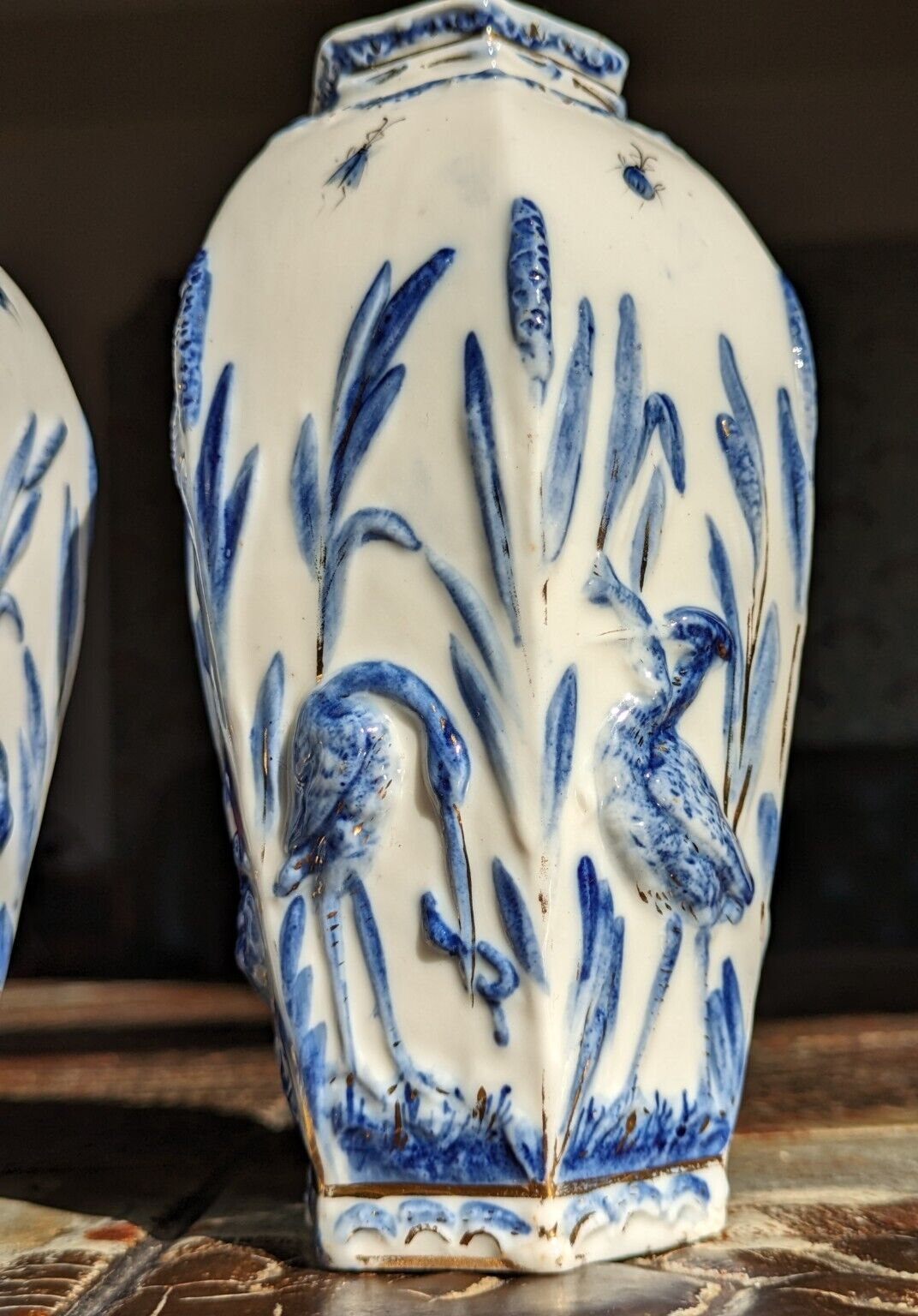 Rare Pair of German Sitzendorf Blue & White Porcelain Ceramic Insects Bird Vases