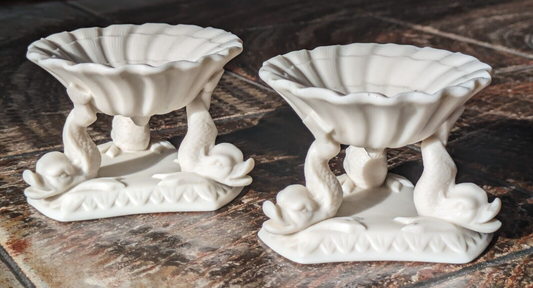 Rare Pair of Copeland 19th Century Parian Porcelain Dolphin Salt Cellars Antique