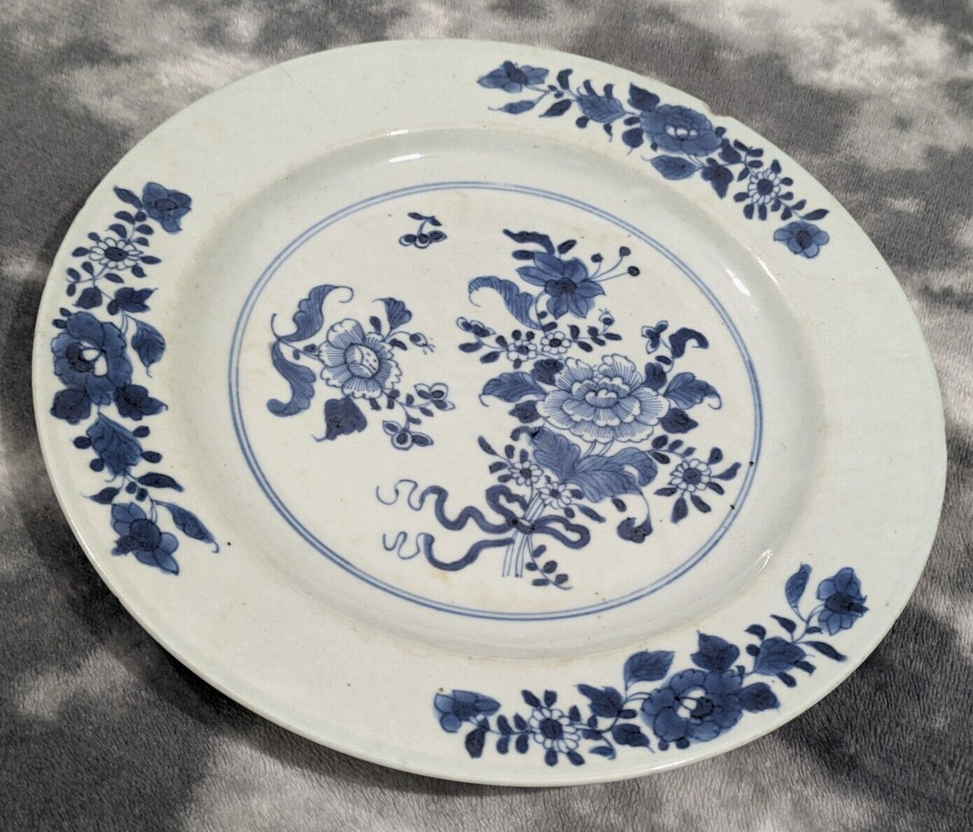 Antique 18th Century Chinese Blue White Porcelain Peonies & Lotus Plate Dish