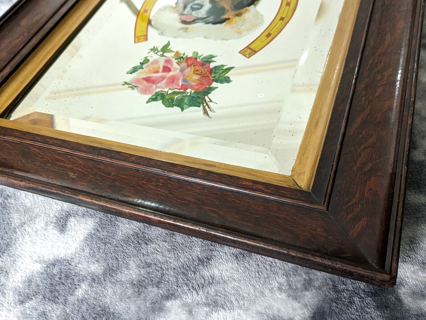 Victorian 19th Century St Bernard Dog Reverse Painted Bevel Edge Oak Wood Mirror