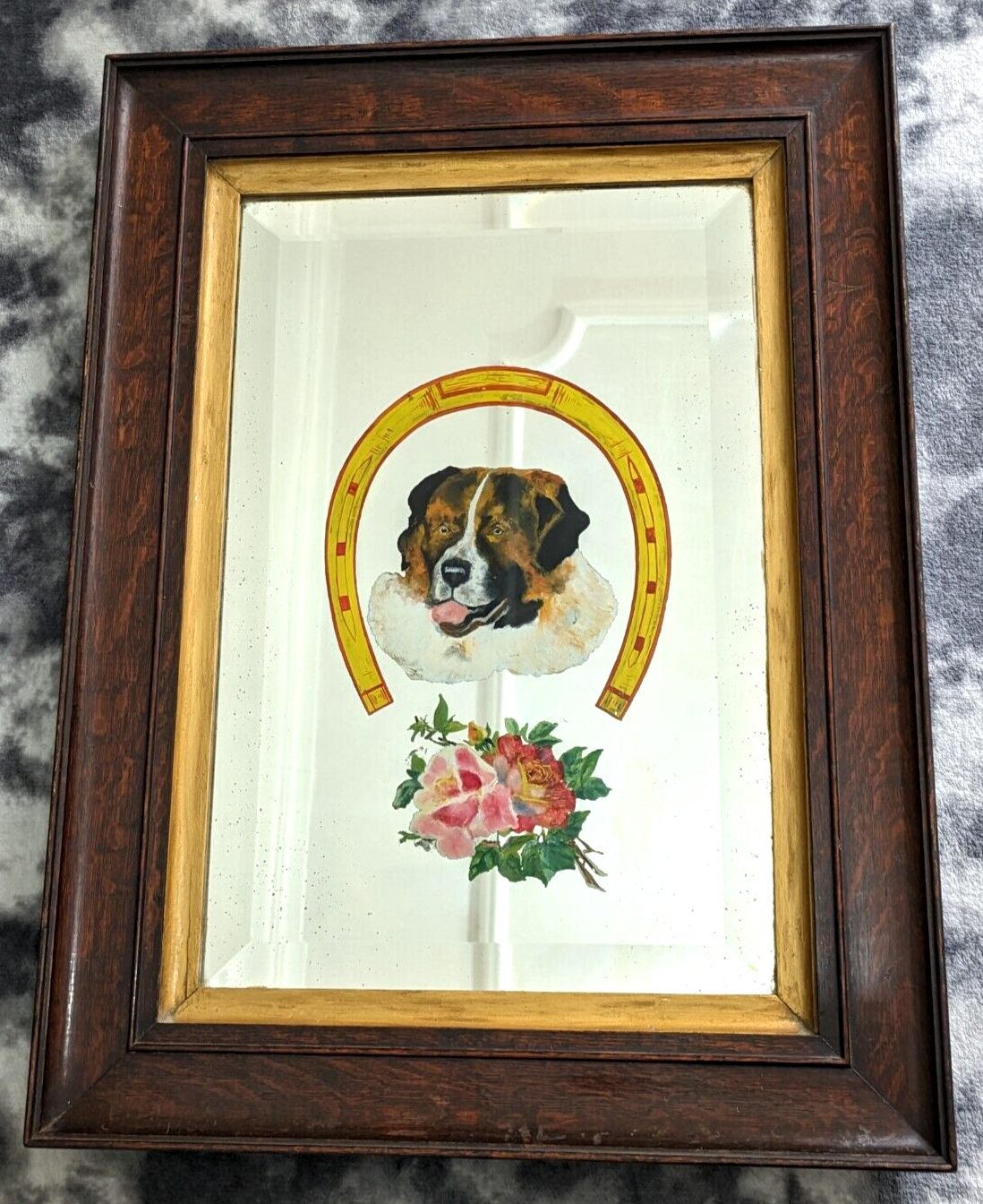 Victorian 19th Century St Bernard Dog Reverse Painted Bevel Edge Oak Wood Mirror