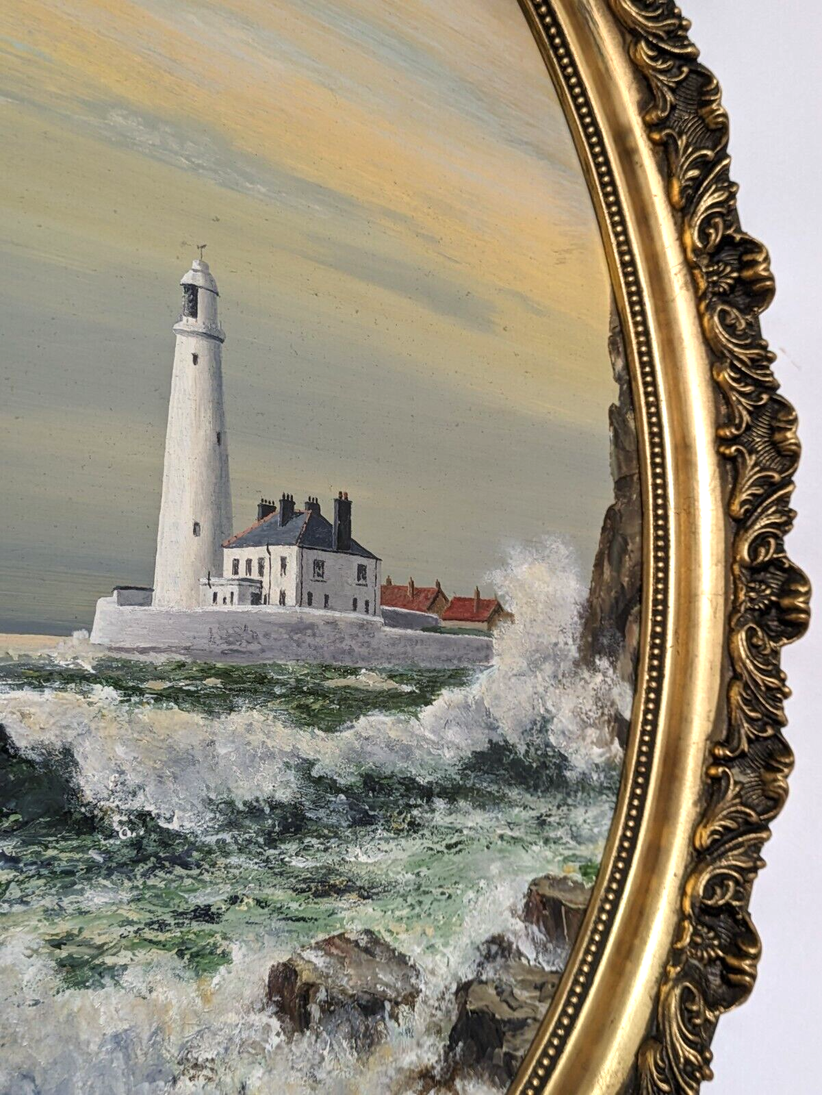 S White British 20th Century Oil Panel Art Painting St Mary's Island Lighthouse