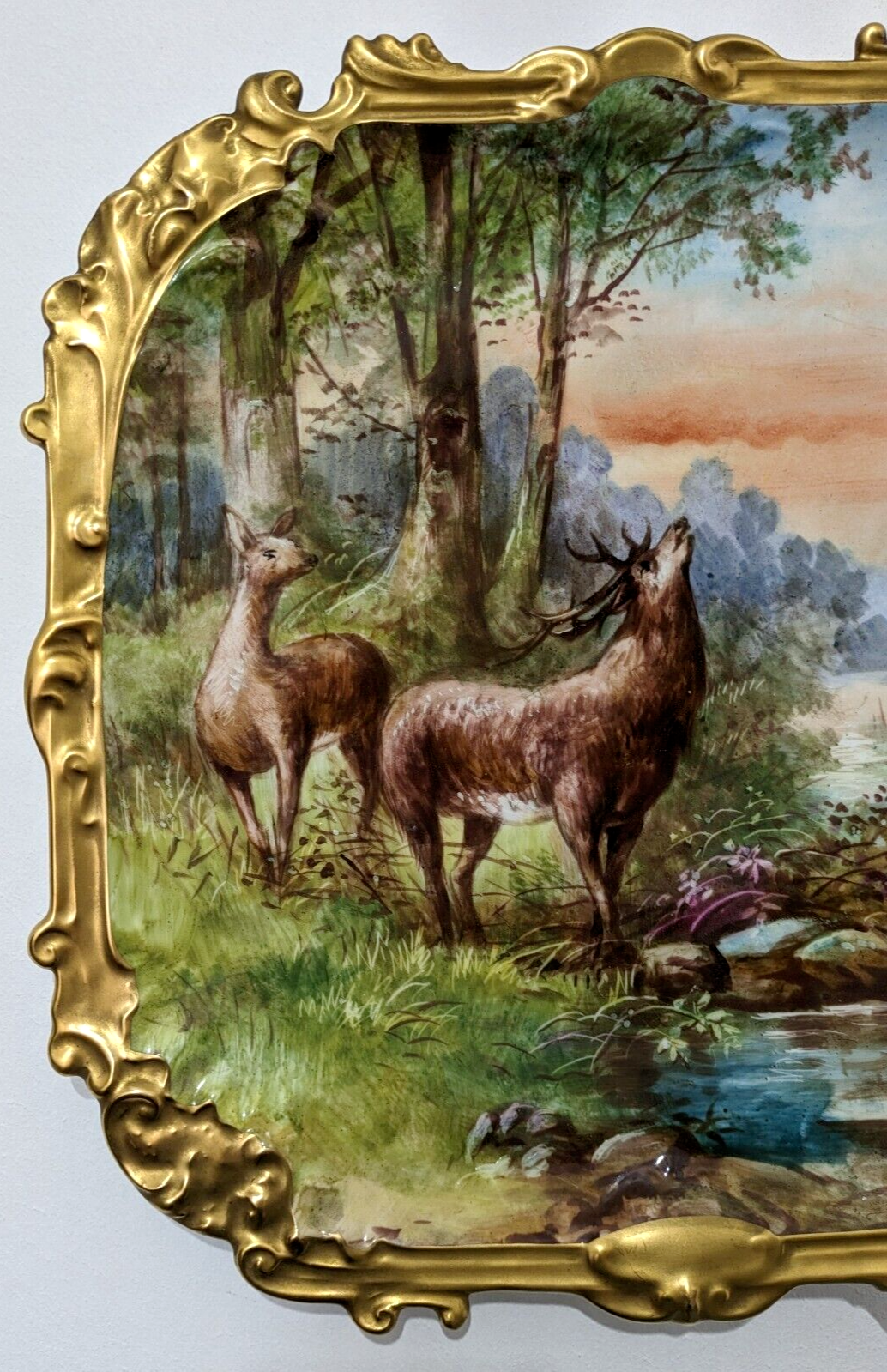 19th Century French Limoges Handpainted Stag Deer Porcelain Wall Plaque Charger