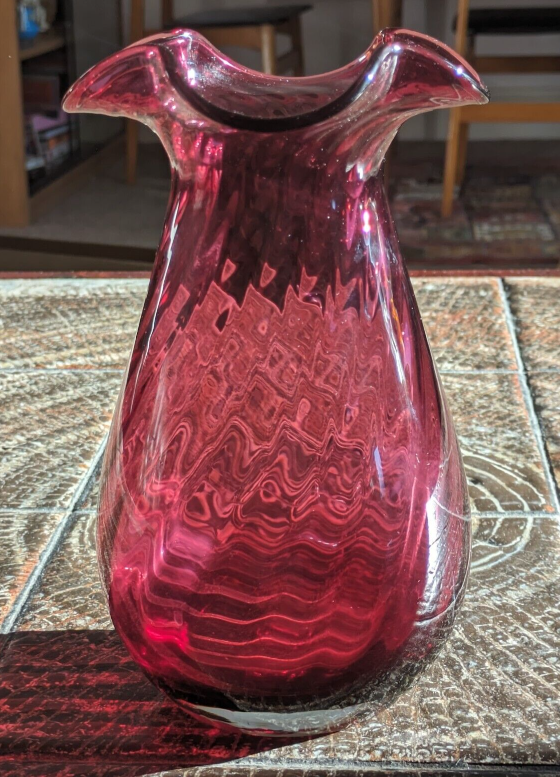 Vintage Dartington Crystal Cranberry Ruby Red Fluted Ruffled Glass Vase 20.5 cm