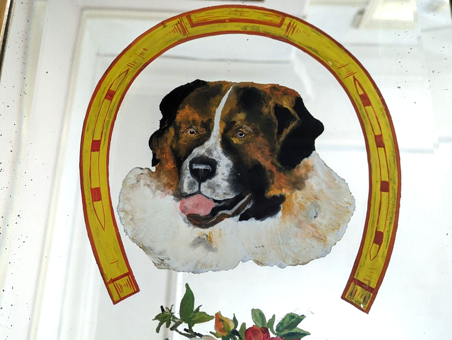 Victorian 19th Century St Bernard Dog Reverse Painted Bevel Edge Oak Wood Mirror