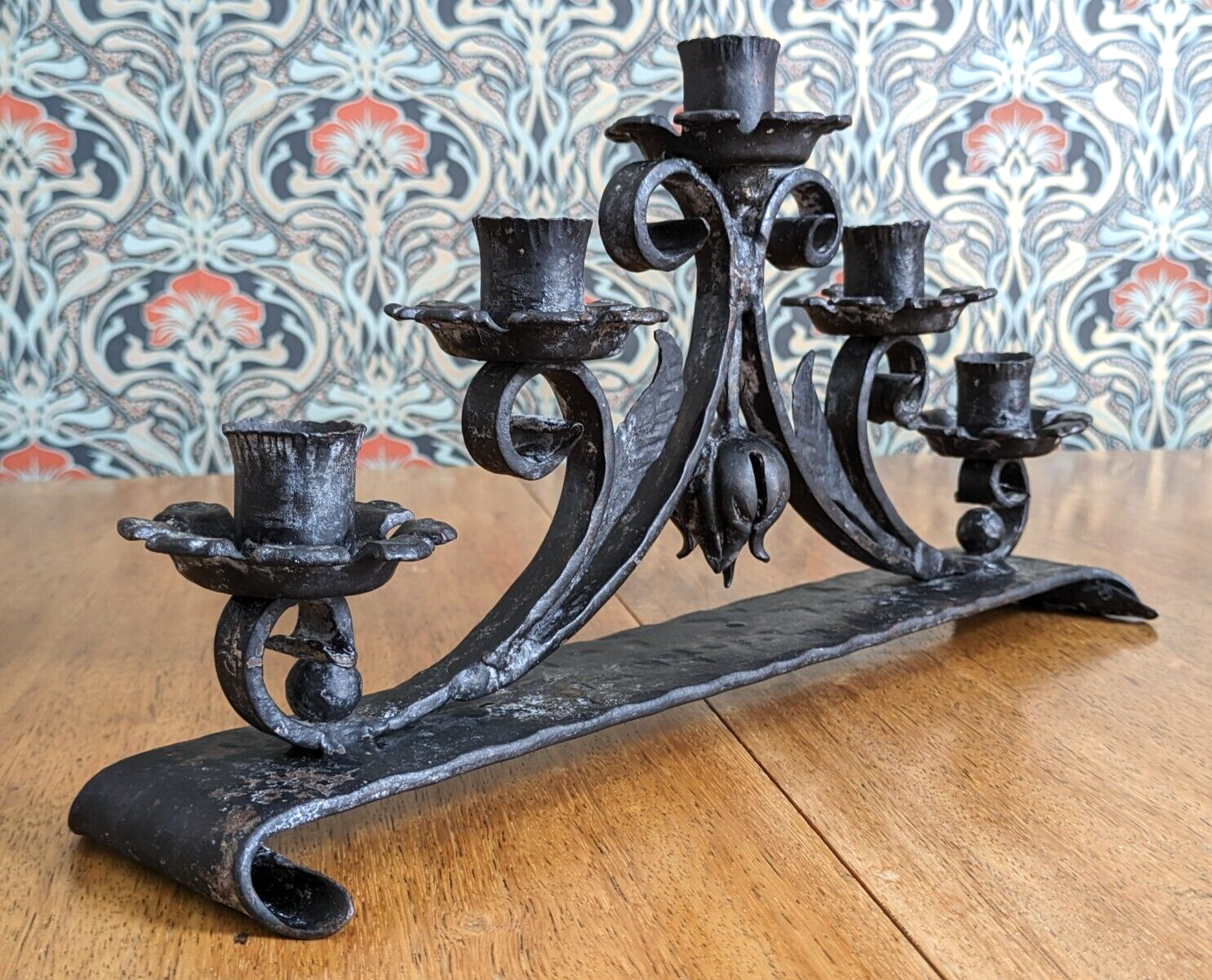 Antique Arts Crafts Art Nouveau Wrought Iron 5 arm Candelabra Candlestick Holder