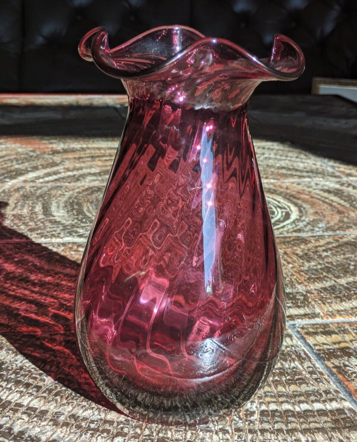 Vintage Dartington Crystal Cranberry Ruby Red Fluted Ruffled Glass Vase 20.5 cm