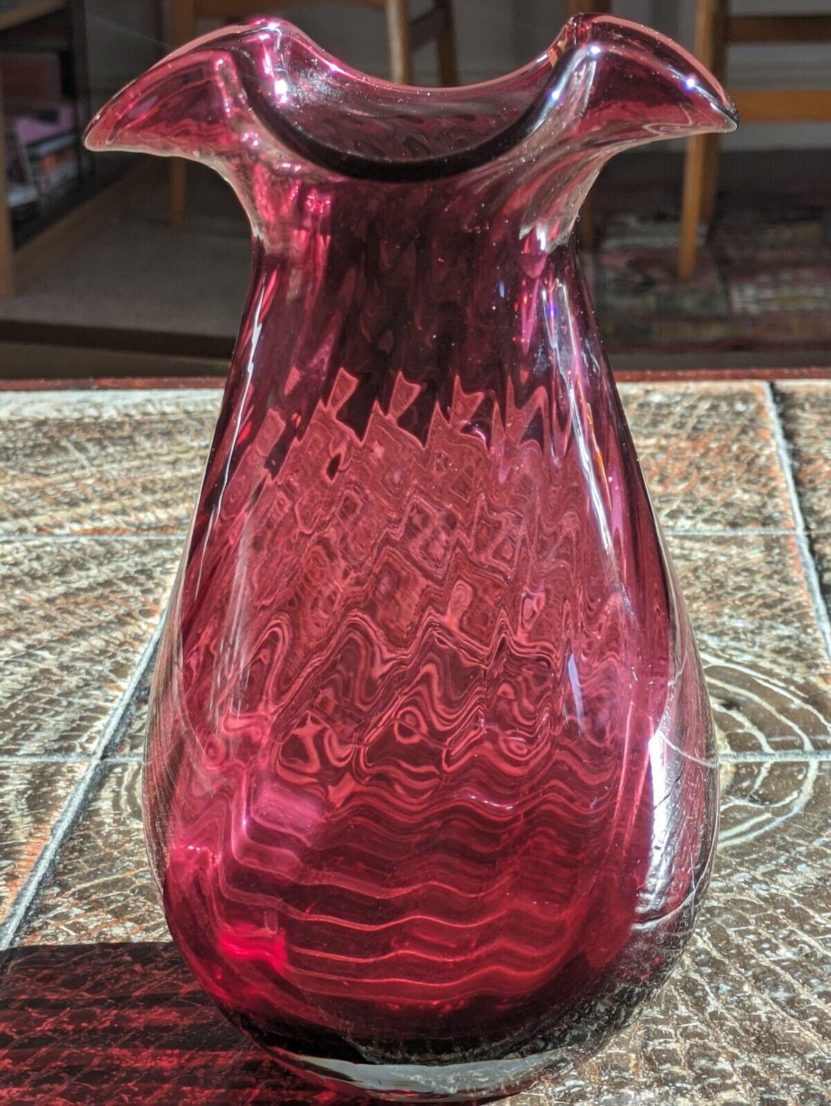 Vintage Dartington Crystal Cranberry Ruby Red Fluted Ruffled Glass Vase 20.5 cm