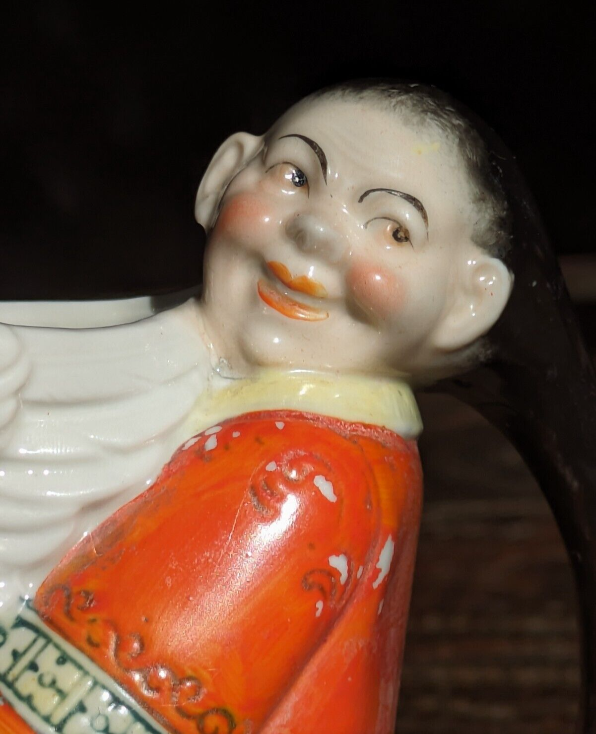 Antique 1900s Shafer Vater German Porcelain Asian Man Crane Novelty Creamer Jug