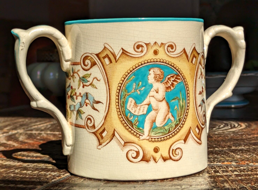 19th Century Victorian Classical Cherub Cupid Ceramic Pottery Antique Loving Cup