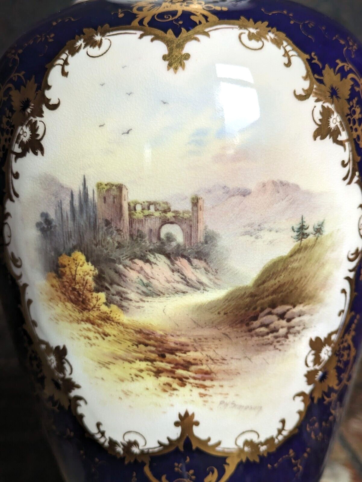 19th 20th Century Coalport England Cobalt Ceramic Porcelain Ruins Landscape Vase