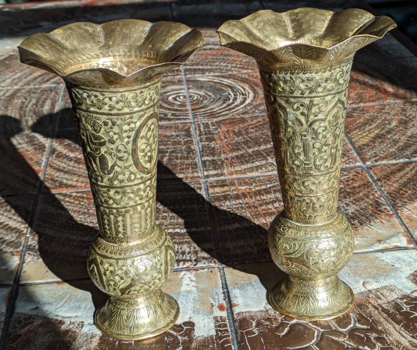 19th Century Pair of Indo Persian Engraved Brass Trumpet Vases Antique 26 cm