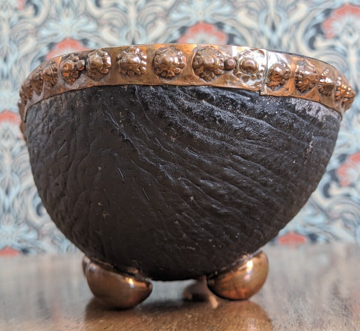 19th Century Half Coco De Mer Seychelles Nut Seed Shell Copper Bowl Dish Antique