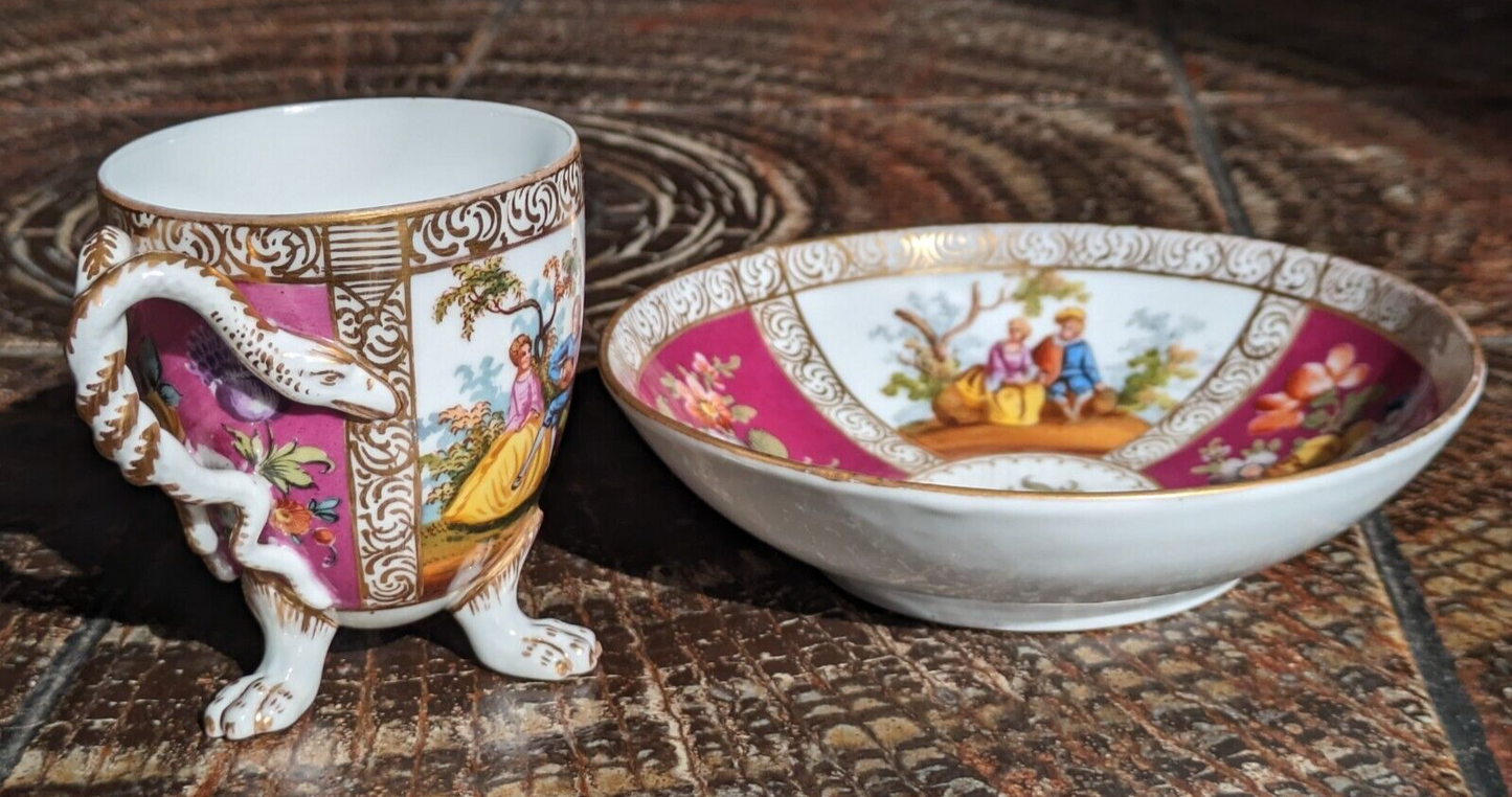 19th Century German Dresden Porcelain Paw Feet Serpent Handle Tea Cup & Saucer