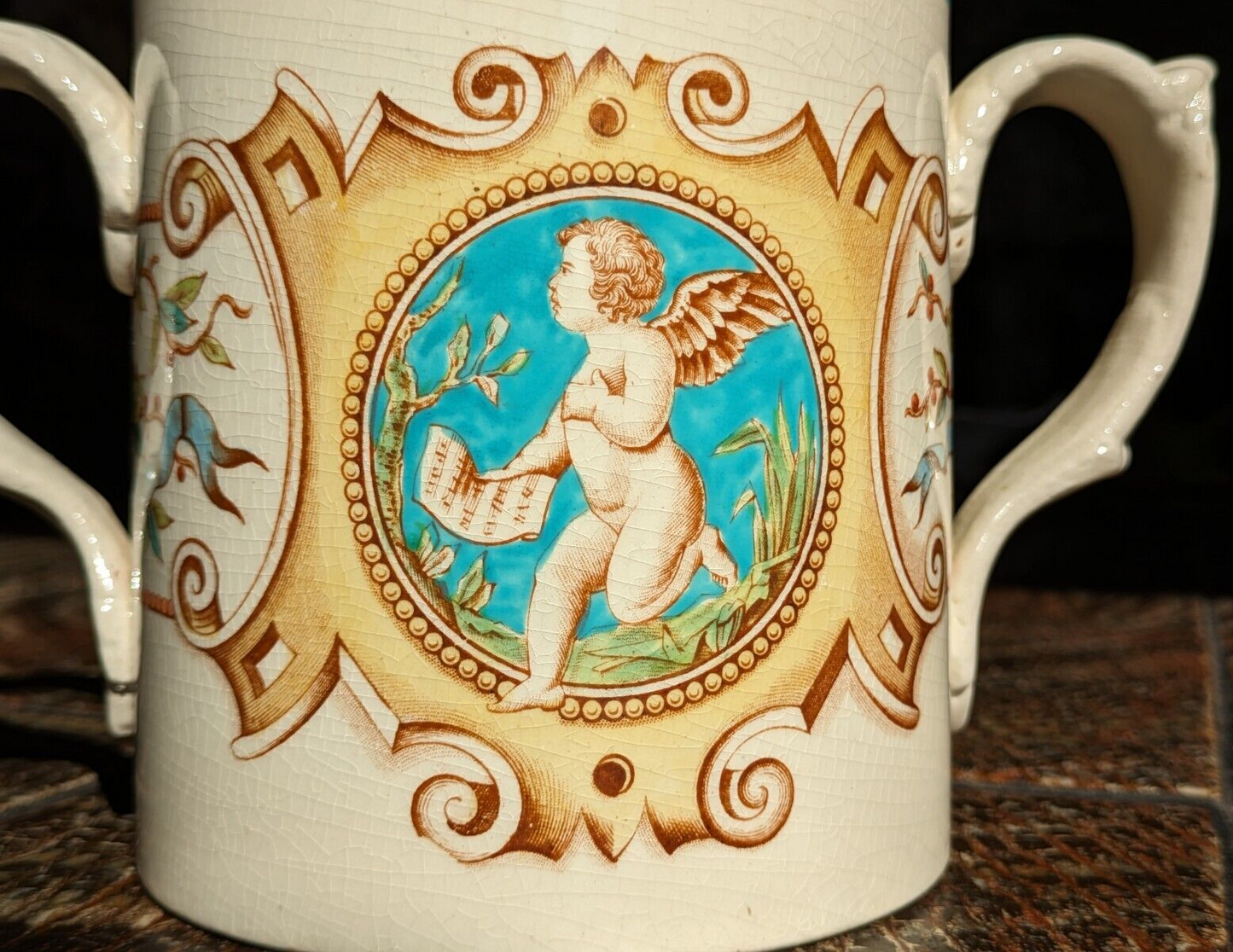 19th Century Victorian Classical Cherub Cupid Ceramic Pottery Antique Loving Cup