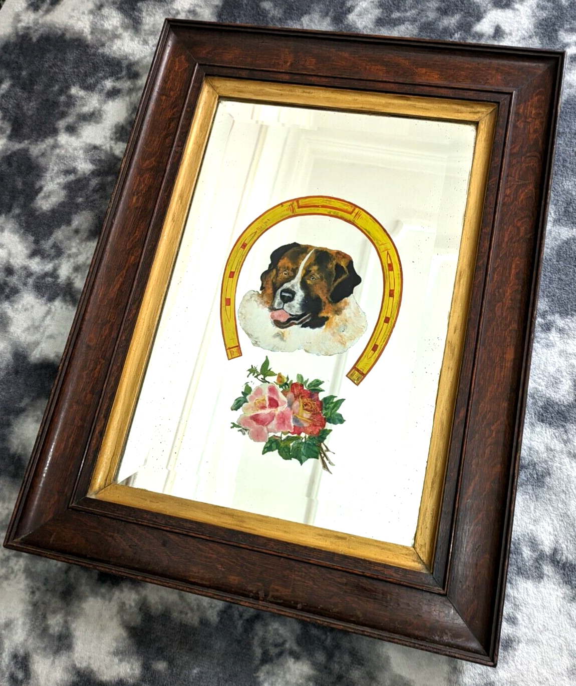 Victorian 19th Century St Bernard Dog Reverse Painted Bevel Edge Oak Wood Mirror