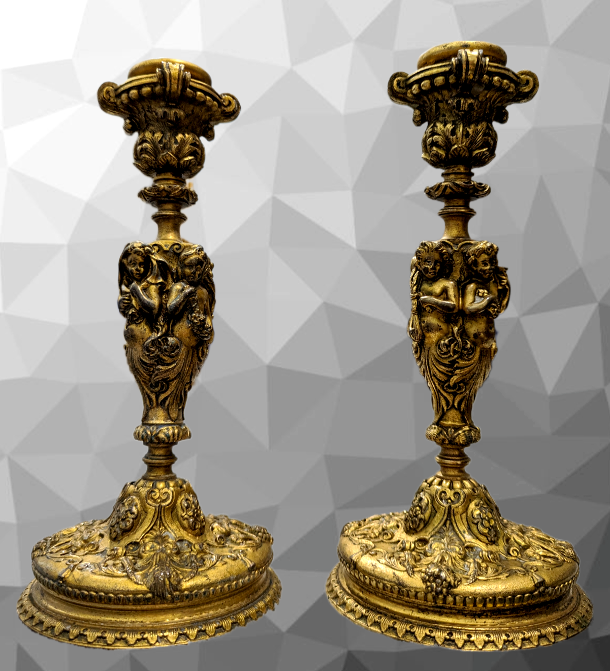 Antique French 19th Century Gilt Bronze Four Seasons Cherub Candlestick Holders