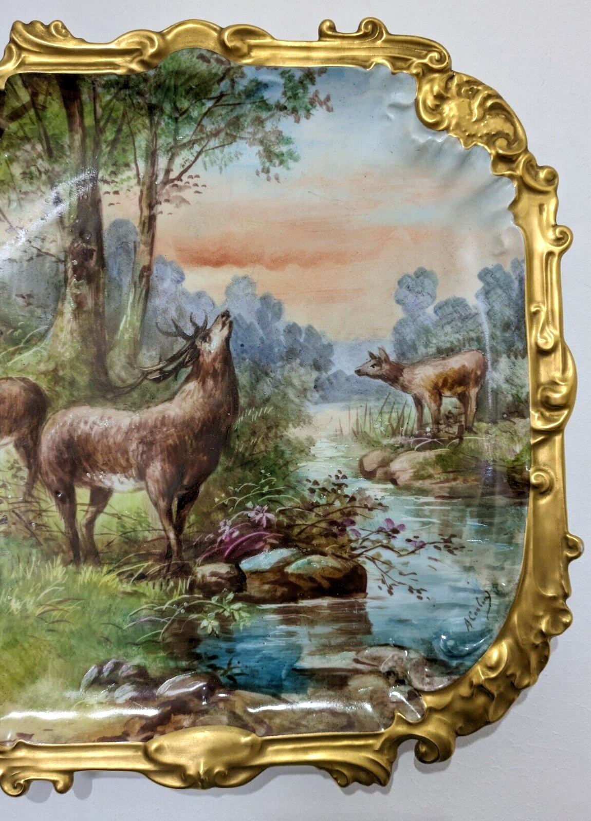 19th Century French Limoges Handpainted Stag Deer Porcelain Wall Plaque Charger