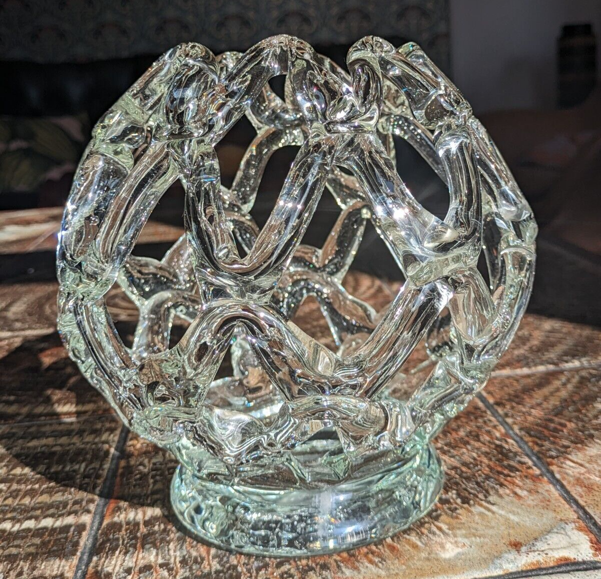 Vintage Lattice Clear Handblown Art Glass Centrepiece Bowl Sculpture Murano ?