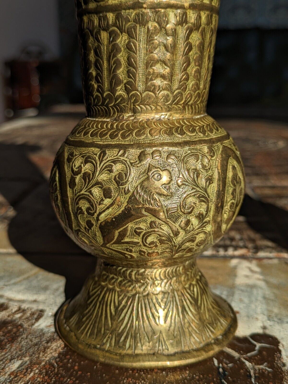 19th Century Pair of Indo Persian Engraved Brass Trumpet Vases Antique 26 cm