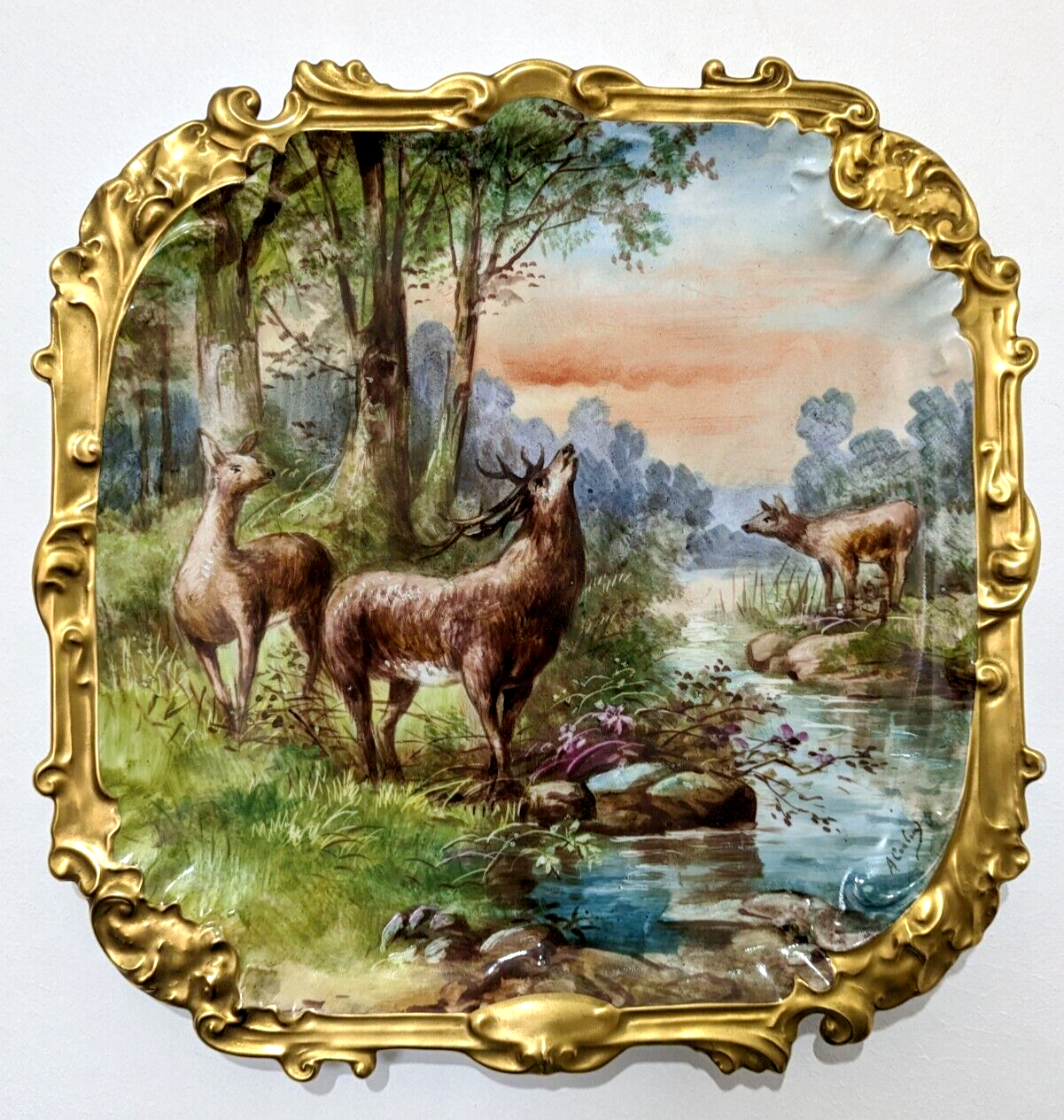 19th Century French Limoges Handpainted Stag Deer Porcelain Wall Plaque Charger