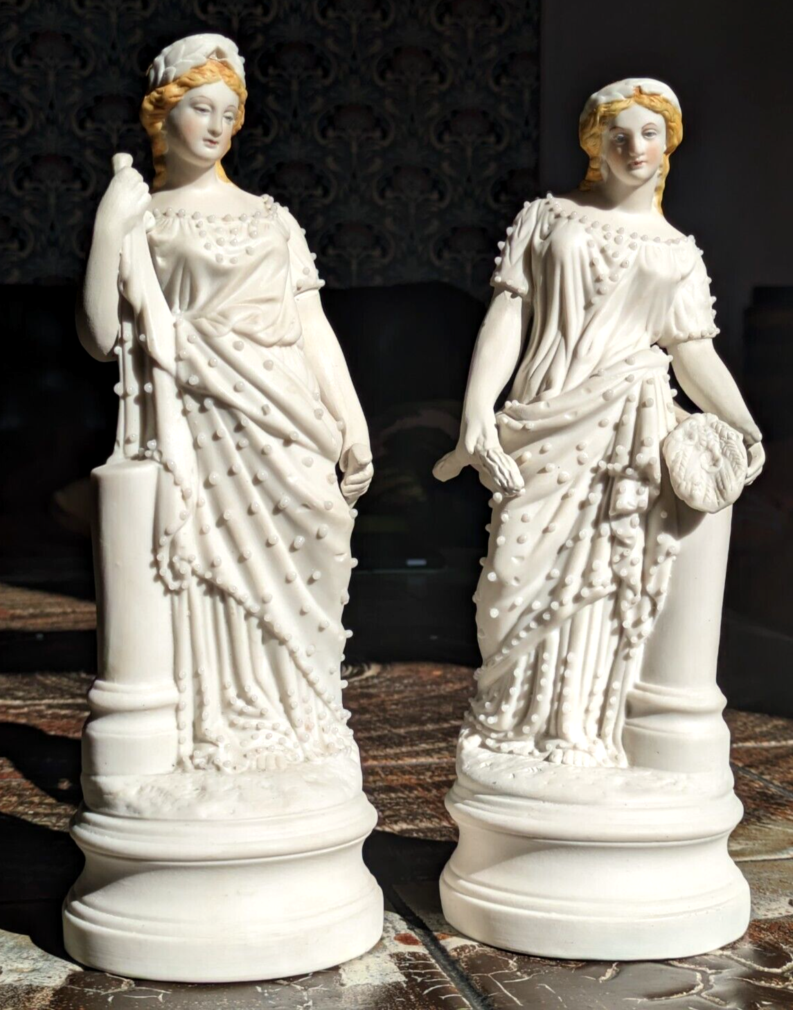 Rare Pair Victorian Parian Ware Classical Figures 19th Century Porcelain Antique