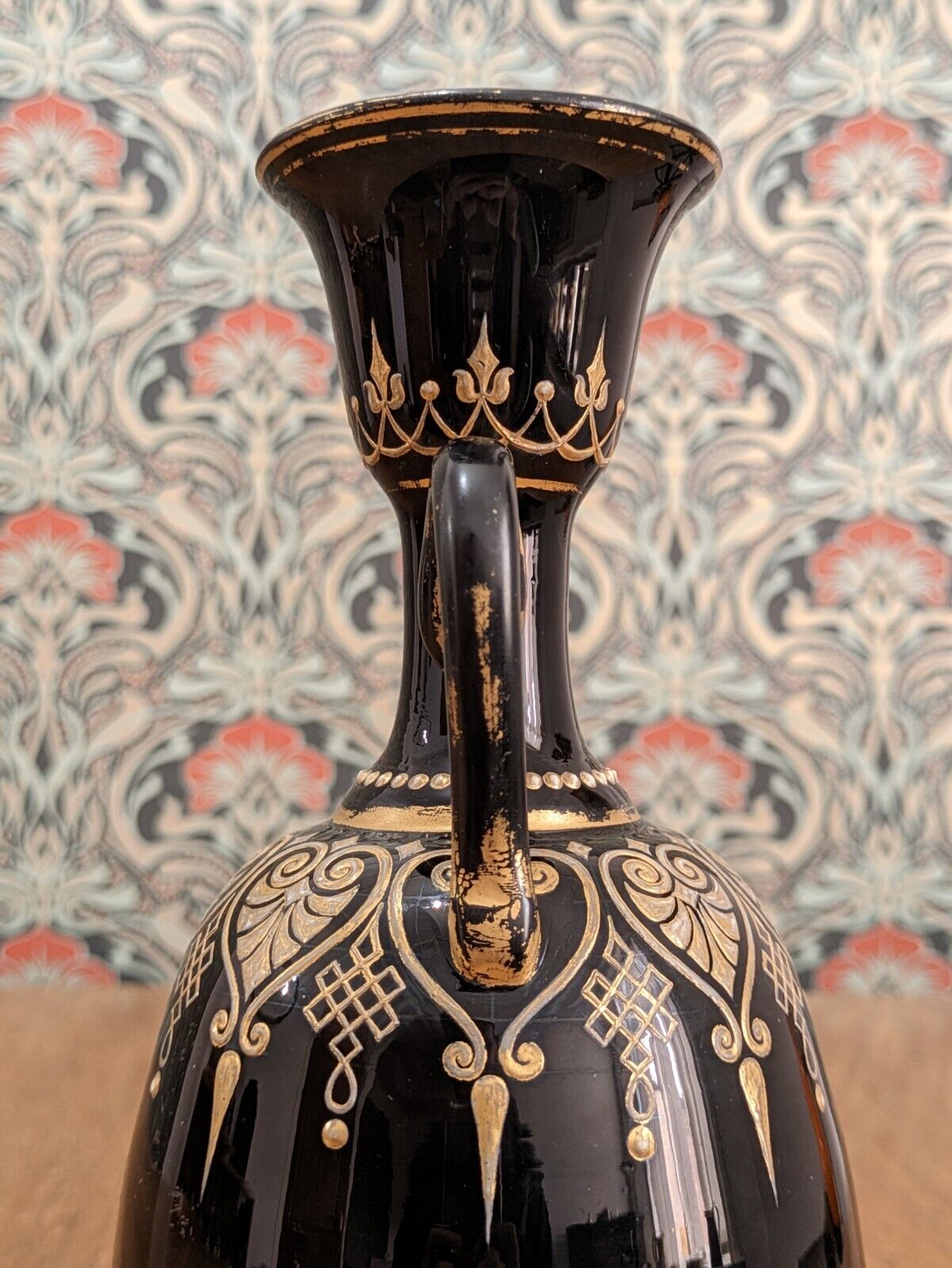 19th Century Black Bohemian Czech Art Glass Gold Gilt Enamel Jug Vase Antique