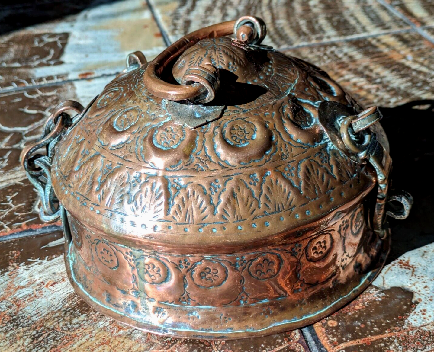 19th Century Indian Mughal Engraved Copper Betel Nut Spice Box Container Antique