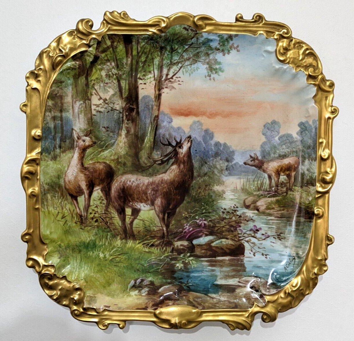 19th Century French Limoges Handpainted Stag Deer Porcelain Wall Plaque Charger