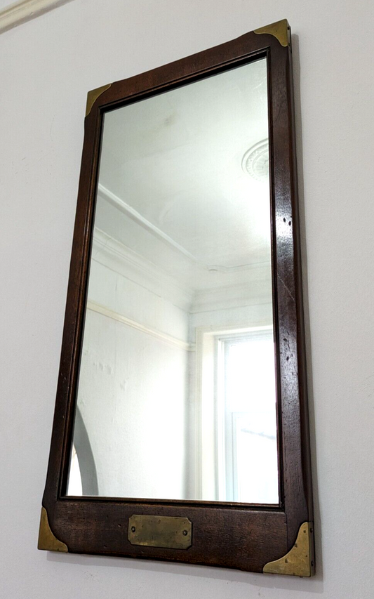 Antique Mahogany Brass Campaign Style Rectangular Wall Mirror 73.5 x 37.5 cm