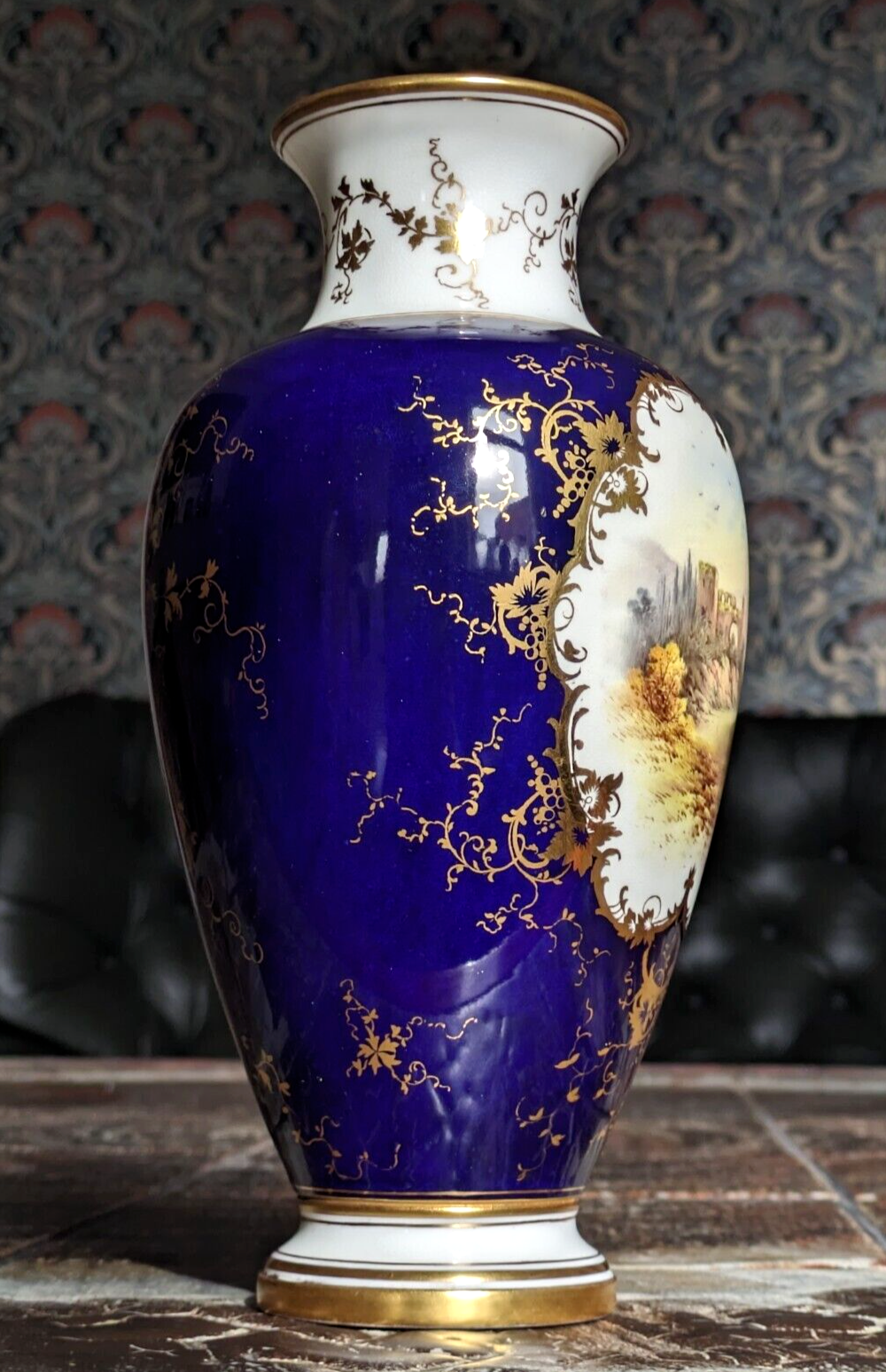 19th 20th Century Coalport England Cobalt Ceramic Porcelain Ruins Landscape Vase