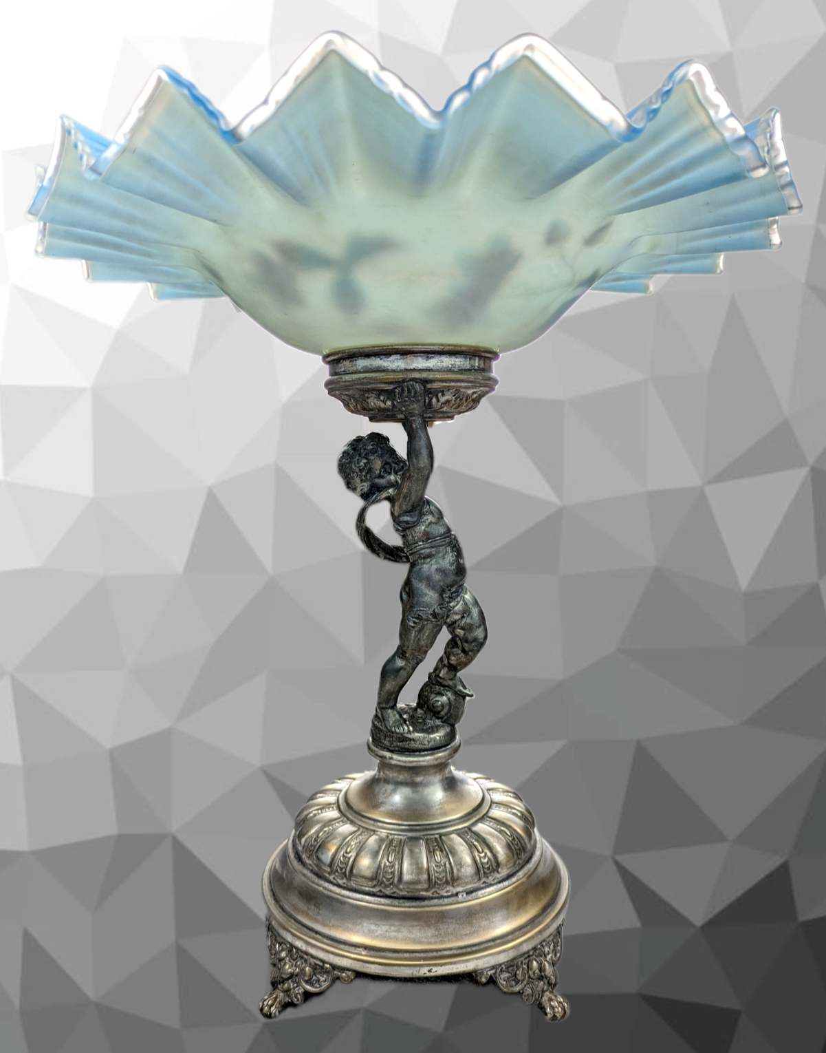 Antique WMF Art Nouveau Figural Silver Plate Cherub Bowl Enamelled Blue Glass