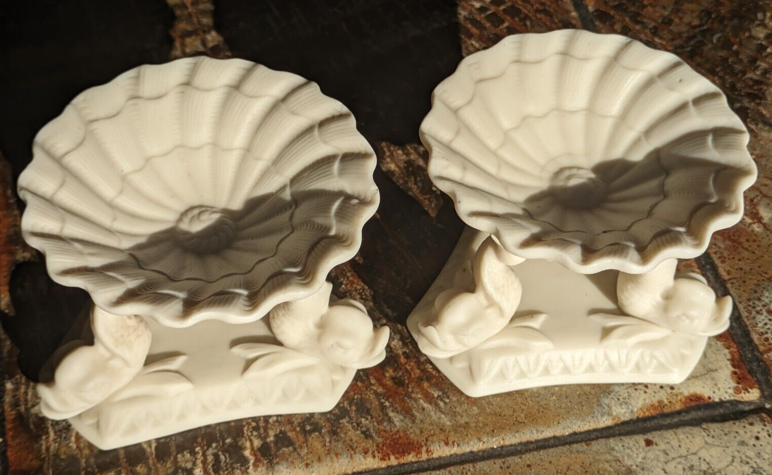 Rare Pair of Copeland 19th Century Parian Porcelain Dolphin Salt Cellars Antique