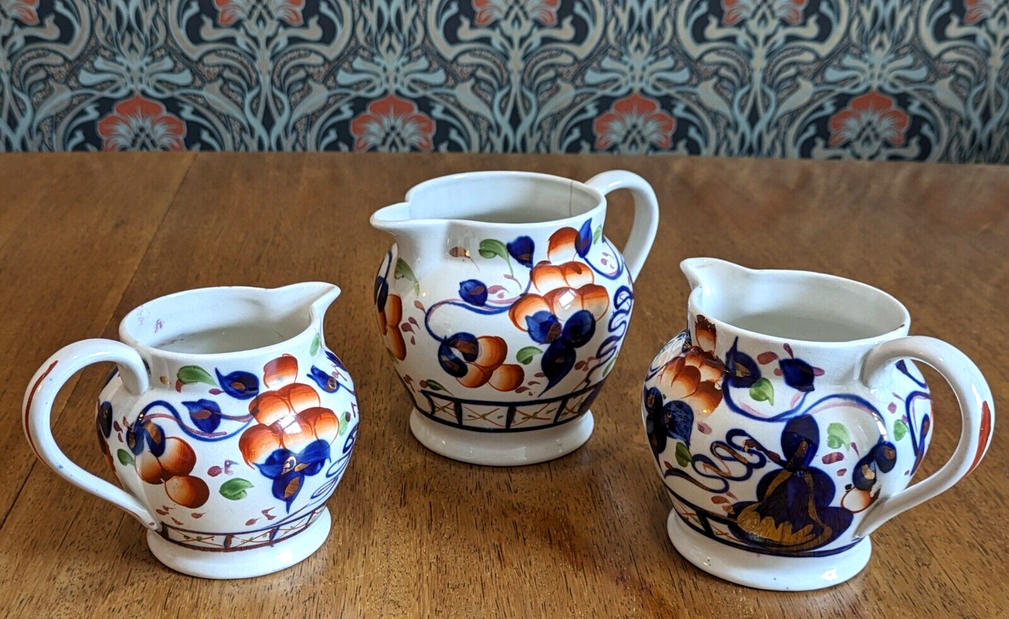 Antique Graduated Trio of Gaudy Welsh Imari Pitcher Jugs Vase Allertons England