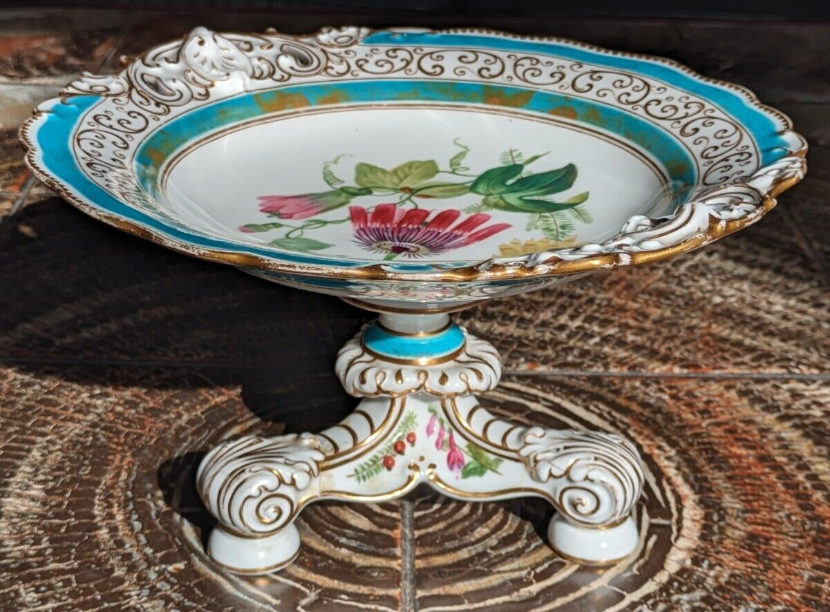 19th Century Copeland Hand Painted Botanical Flower Tazza Centrepiece Compote