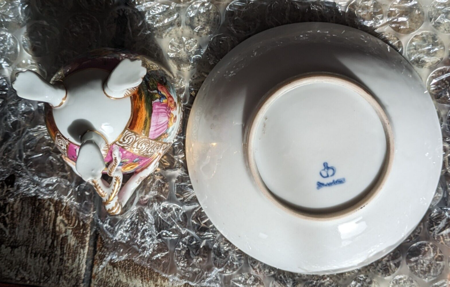 19th Century German Dresden Porcelain Paw Feet Serpent Handle Tea Cup & Saucer