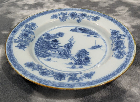 Antique 18th Century Chinese Blue & White Landscape Porcelain Plate Dish 23 cm