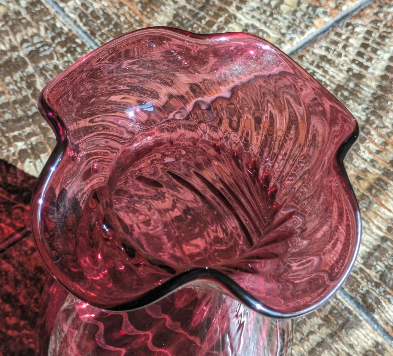 Vintage Dartington Crystal Cranberry Ruby Red Fluted Ruffled Glass Vase 20.5 cm