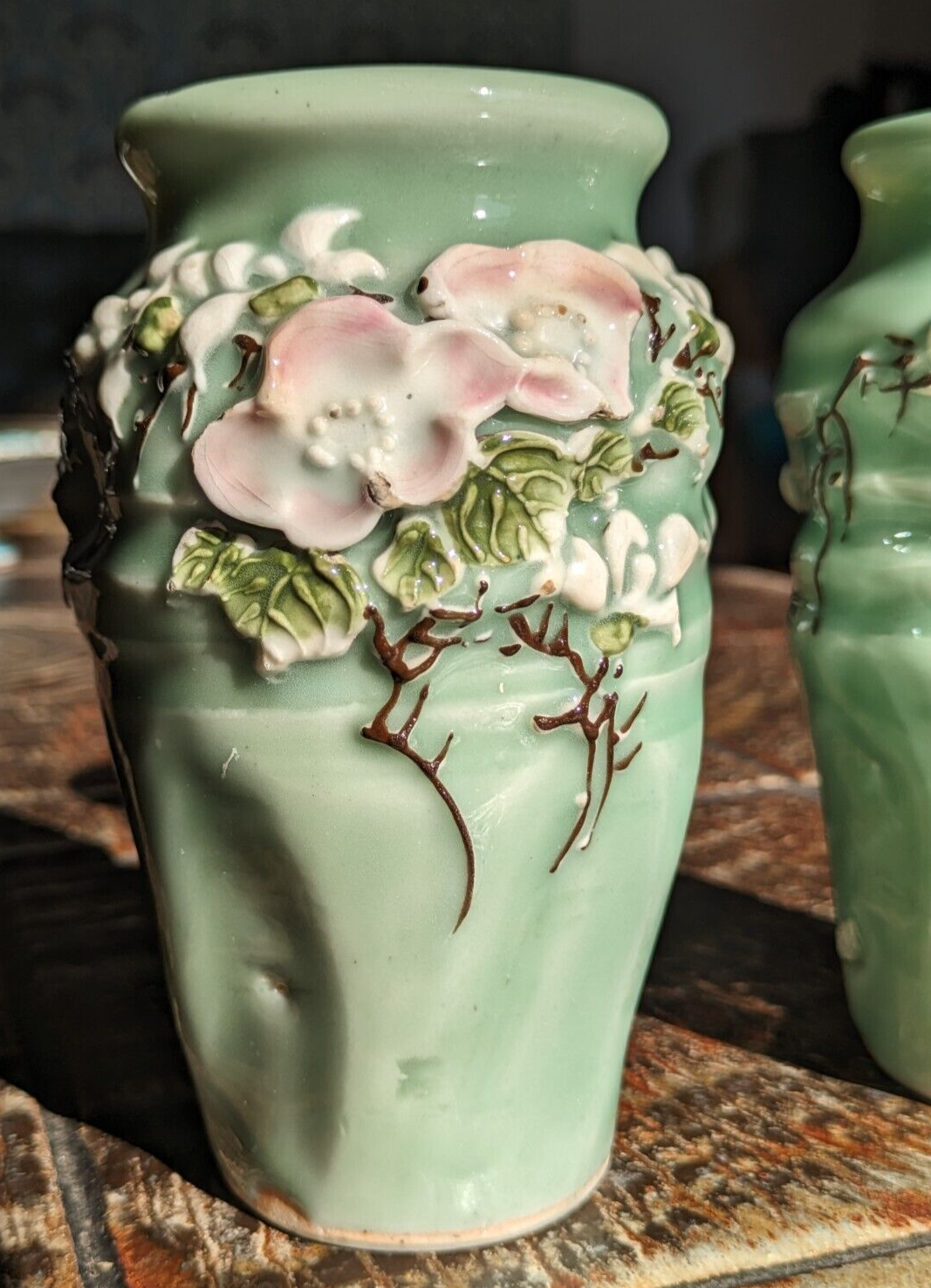 Japanese Seto Celadon Relief Flowers Ceramic Porcelain Vases Pair Antique Meiji